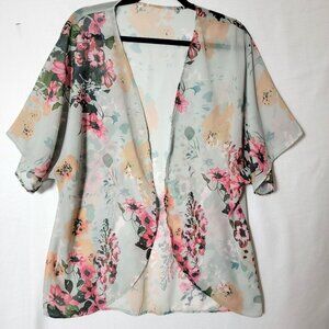 Hibluco Sheer Open Front Top Womens Sz S Short Sleeve Rose Floral Print Y2K